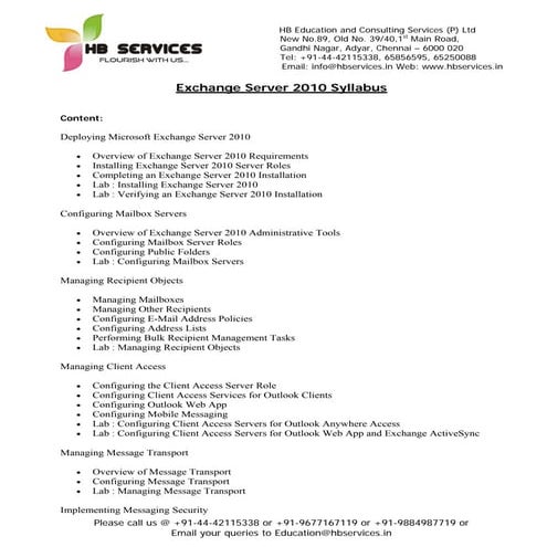 Exchange server syllabus - www.hbservices.in
