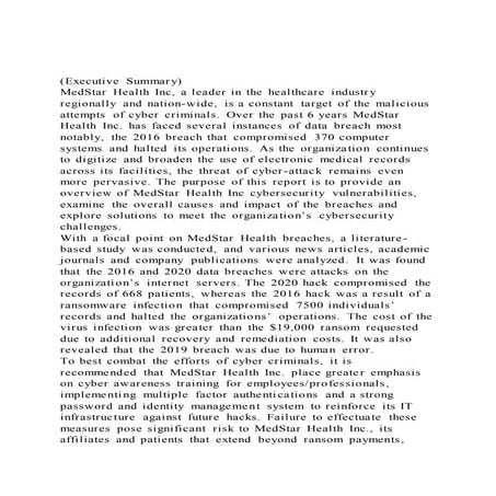 (Executive Summary)MedStar Health Inc, a leader in the healthc