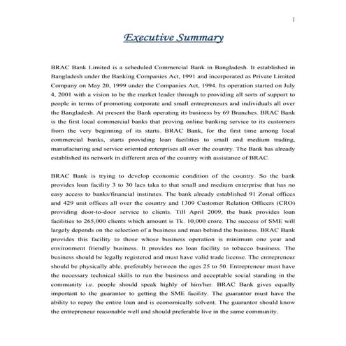 Executive summary of sme activities of brac bank limited