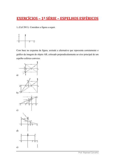 Exercícios 1ª série espelhos esféricos | PDF
