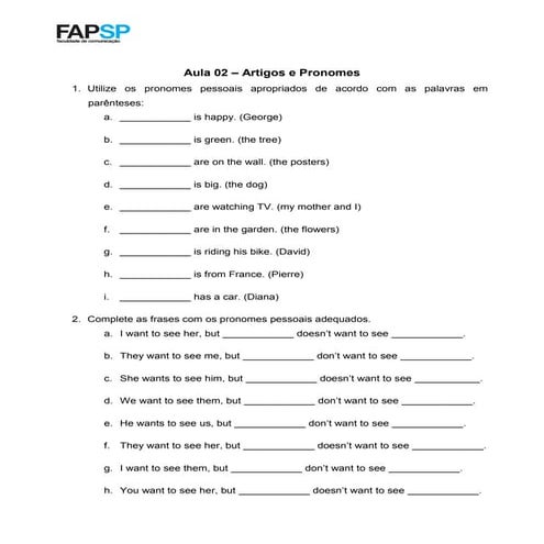 Inglês Básico 1 | Exercícios aula 02