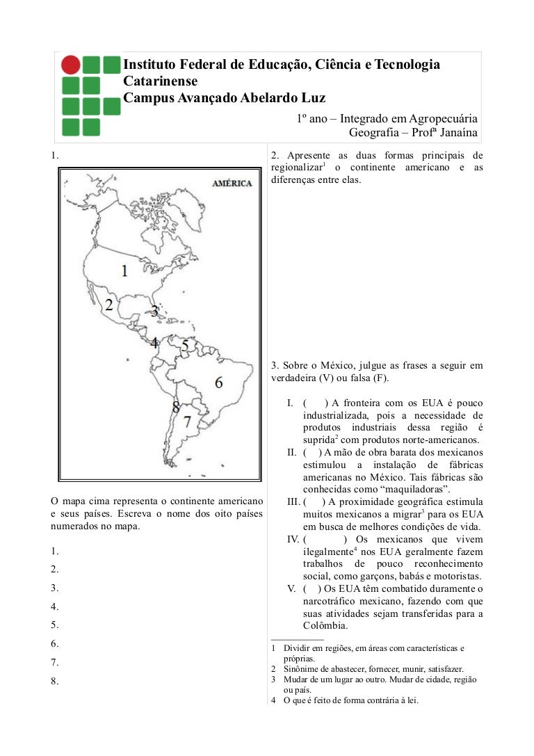 Exercicios Sobre O Continente Americano Com Gabarito