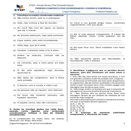 Gabarito exercícios de orações coordenadas, coesão e coerência | DOCX