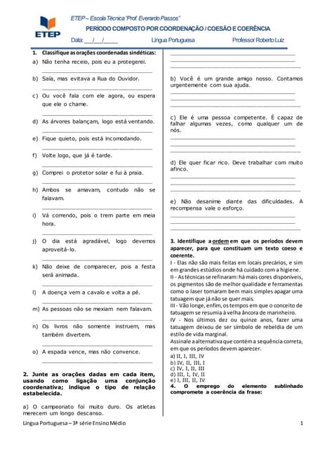 Gabarito exercícios de orações coordenadas, coesão e coerência | DOCX