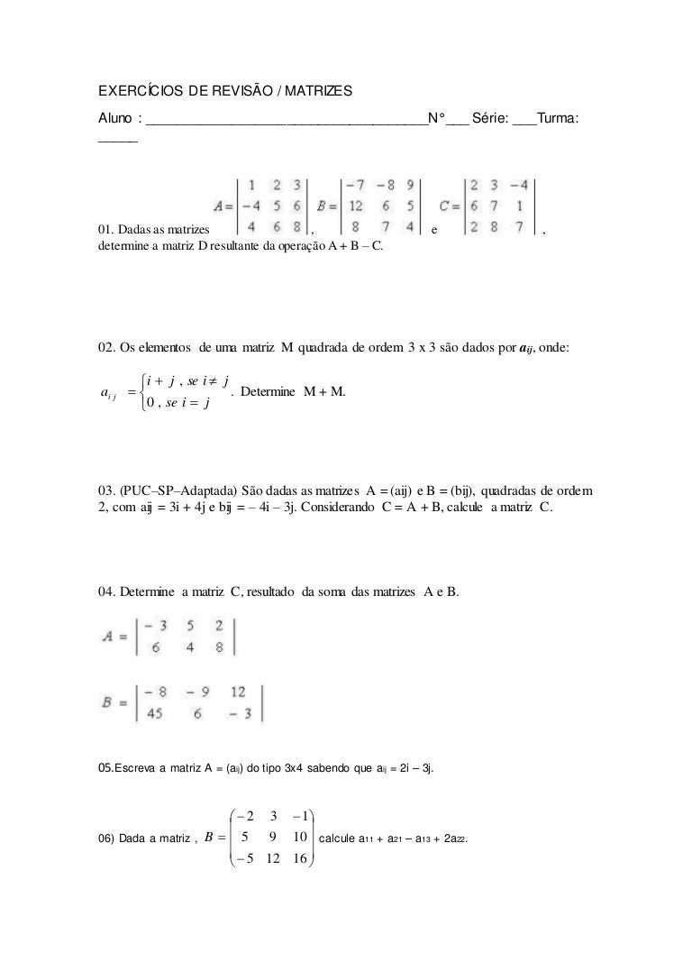 Lista De Exercícios Sobre Matrizes E Determinantes