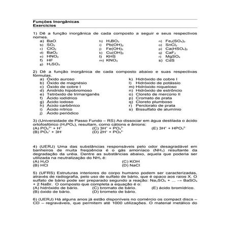 Exercícios funções inorgânicas