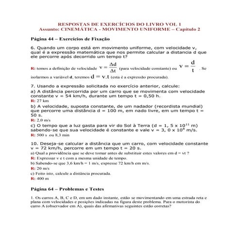 Exercícios Livro 1 Movimento Uniforme | PDF