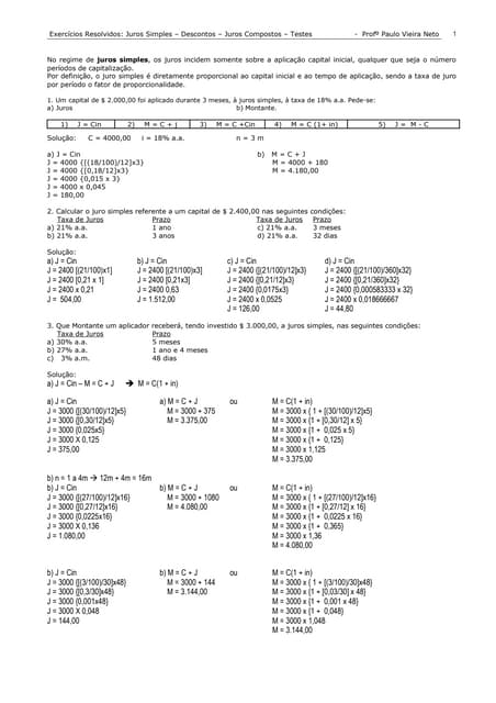 Exercícios resolvidos juros simples descontos | DOC