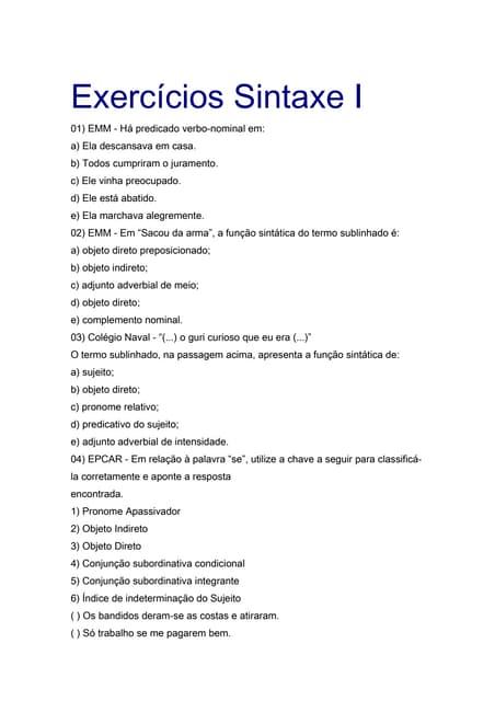 Exercicio de Sintaxe com gabarito | PDF