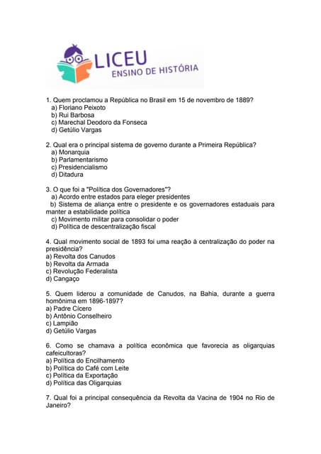 Vinte questões sobre a Primeira república no Brasil | DOCX
