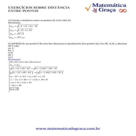 Exercícios sobre distância entre pontos