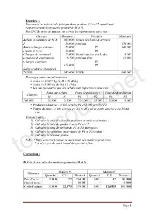Exercice corrige comptabilite analytique