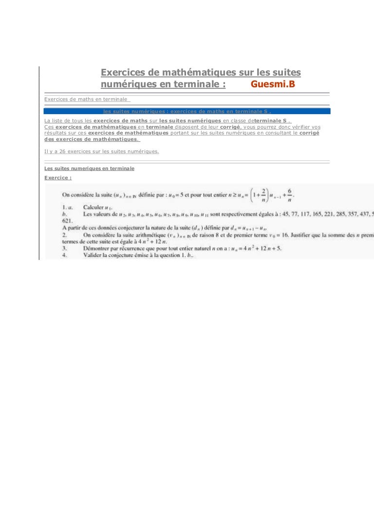Suites numeriques terminale s