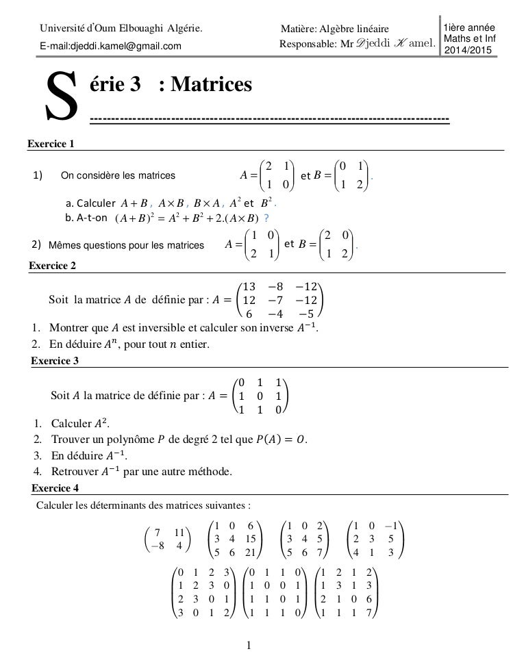 Exercice Corrigé Matrice _ Feuille d’exercices n 11 : corrigé – BZLU