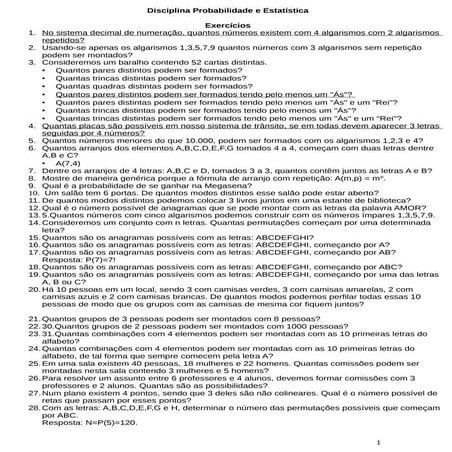 Lista 1 - Exercicios combinaçoes-arranjo-permutações