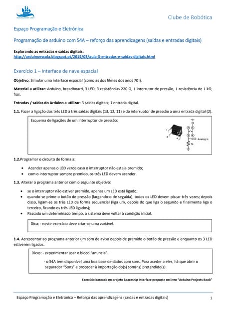 Programação de arduinos com S4A (exercícios com entradas e saídas digitais)