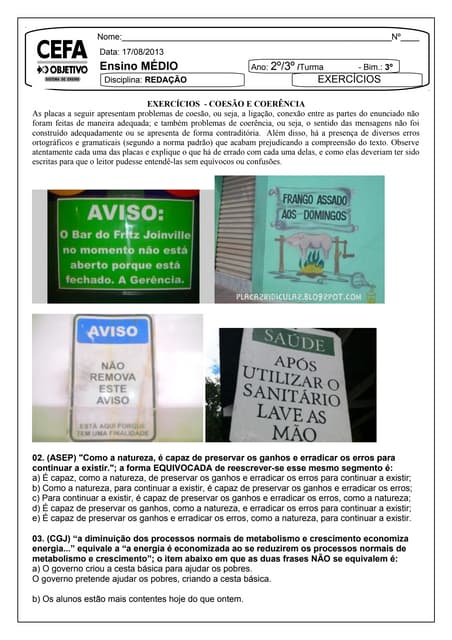 Exercicios coesão e coerência