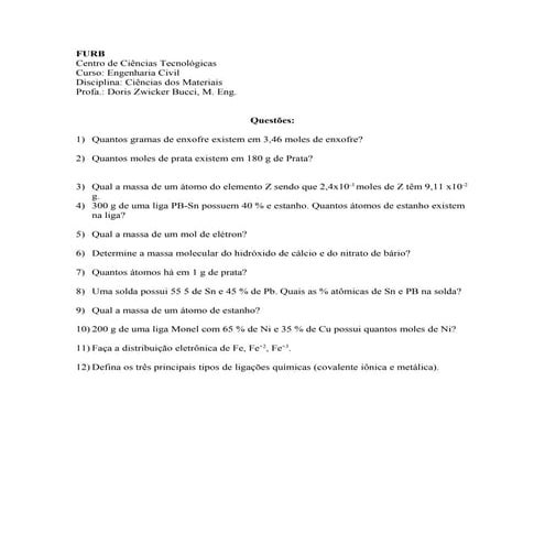 Exercicios de ciencias dos materiais