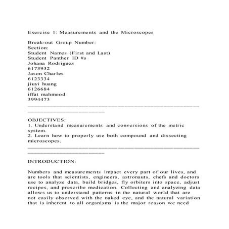 Exercise 1 measurements and the microscopes break out group nu