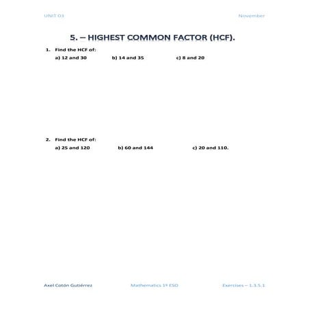1 ESO - Unit 03 - Exercises 3.5 - HCF | PDF