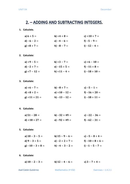 1 ESO - Unit 04 - Exercises 1.4.2. - Adding and Subtracting Integers