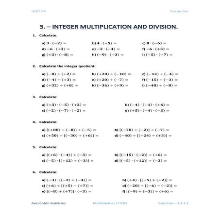 1 ESO - Unit 04 - Exercises 1.4.3. - Integer Multiplication and ...