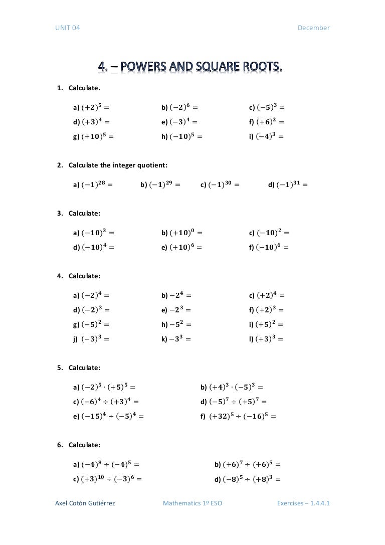 1 ESO - Unit 04 - Exercises 1.4.4. - Powers and Square Roots.