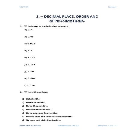 1 ESO - Unit 05 - Exercises 1.5.1 - Decimal Place, Order and Approximations