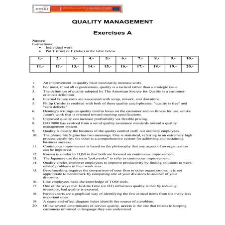 Exercises A True False (Individual) Quality Management