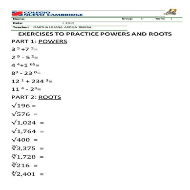 Exercises to practice powers and roots