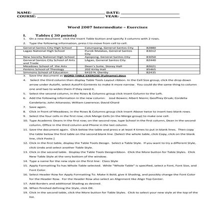 Exercise (t able and mail merge)