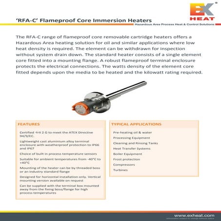 Exheat Flameproof Hazardous Area Industrial Immersion Heaters, Zone 1 u0026 2  RFA-C Removable Core Immersion Heater - Spec Sheet | PDF