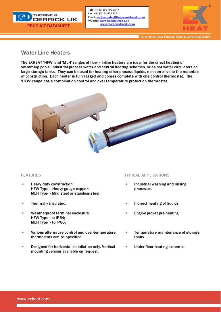 Exheat MLH Water Line Heaters, Fluid Line Heater Spec Sheet
