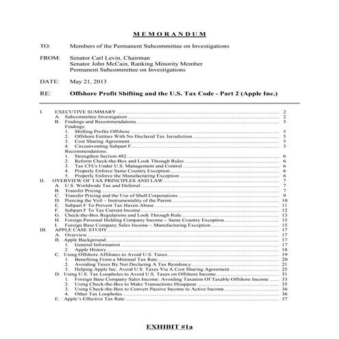 Exhibit 1a   subcommittee memo on offshore profit shifting  apple