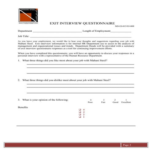 Exit interview questionnaire | DOC