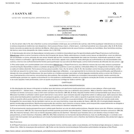 Exortação Apostólica Dilexi Te do Santo Padre Leão XIV sobre o amor para com os pobres (4 de outubro de 2025).pdf