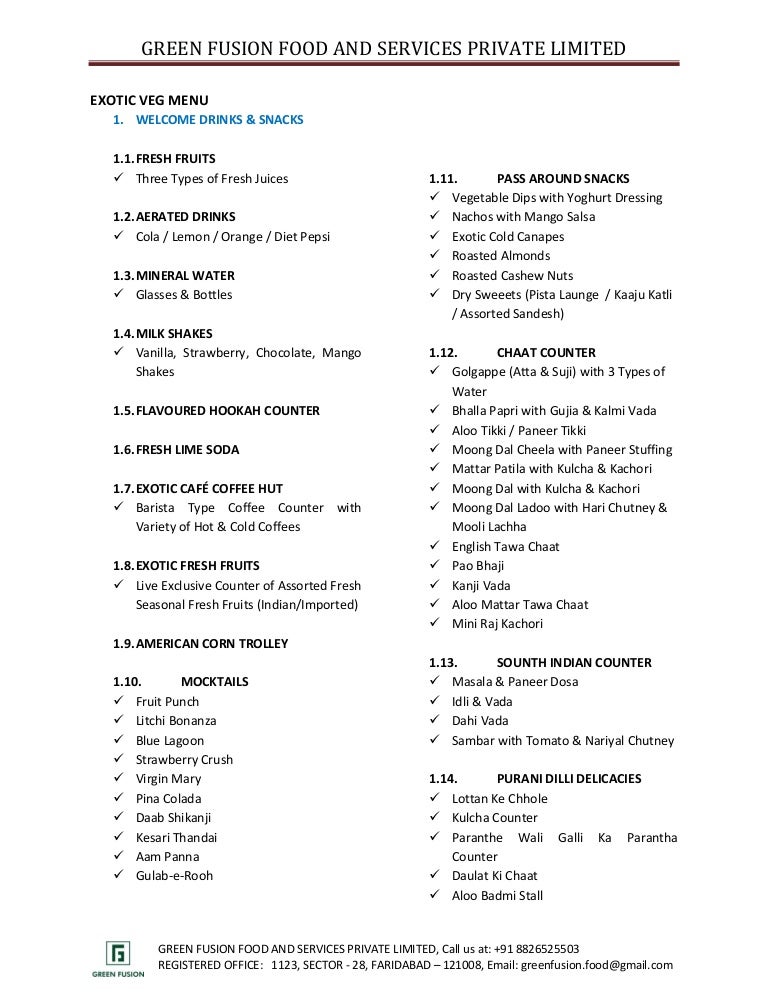 Sample Wedding Food Menu Sample Wedding Food Menu