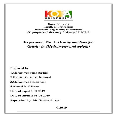 Exp. no.1 density and specific gravity by hydrometer and weight