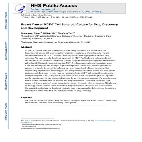 Breast Cancer MCF-7 Cell Spheroid Culture for Drug Discovery and ...