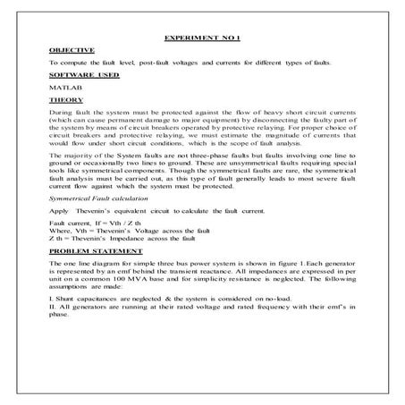 Exp 1 (1) 1.	To compute the fault level, post-fault voltages and currents for...