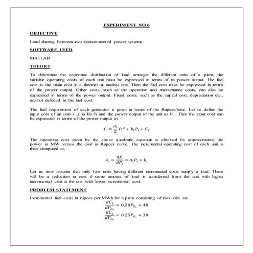 Exp 6 .	Load sharing between two interconnected power systems