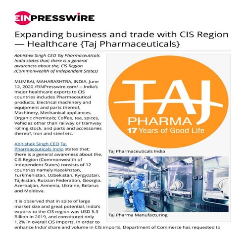  Expanding business and trade with CIS Region — Healthcare {Taj Pharmaceuticals}