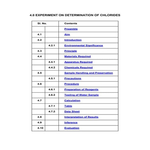 exipermental analysis of chloride in waste water