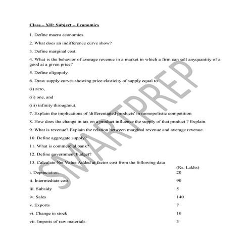 Expected questions of economics for class xii