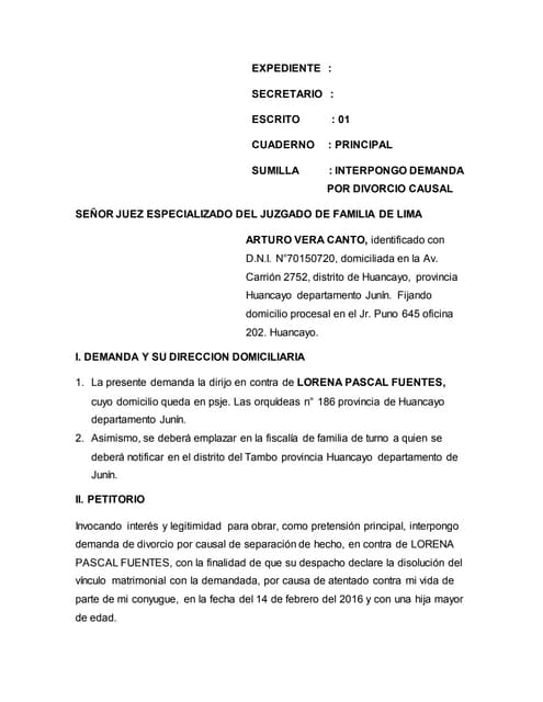 Expedient edivorcio por causal de atentado a la vida