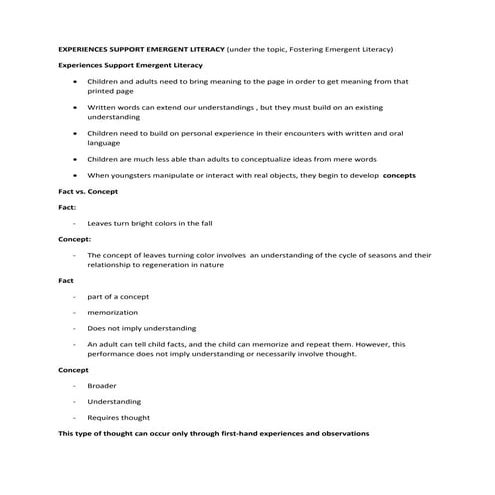 Experiences support emergent literacy handout