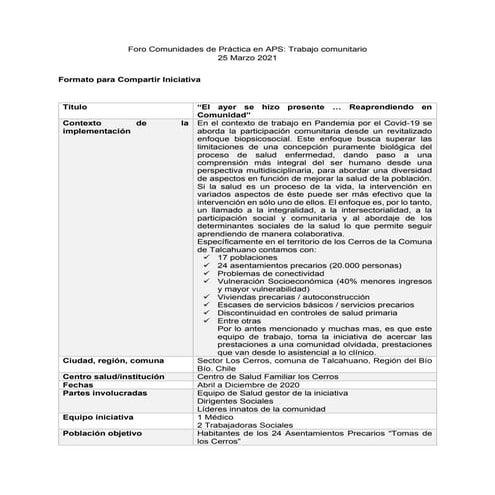 Experiencia comunitaria los cerros el ayer se hizo presente