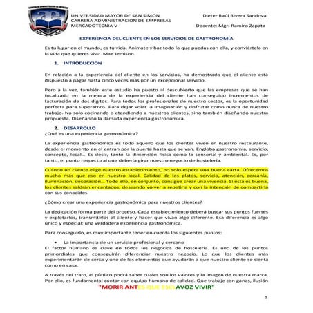 Experiencia del cliente en los servicios de gastronomia