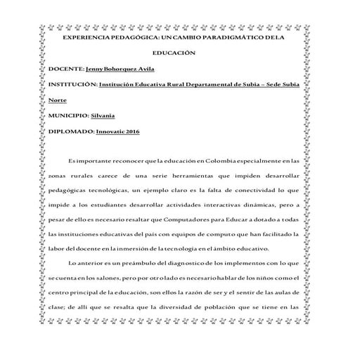 Experiencia pedagógica Jenny Bohorquez