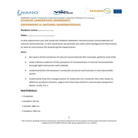 Experiment with natural nanomaterials - Student laboratory worksheet (age 11-13)